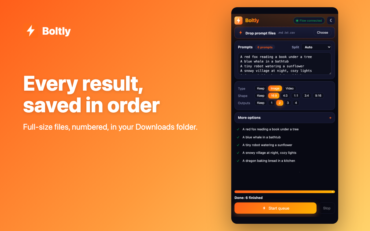 Boltly for Flow showing a finished queue